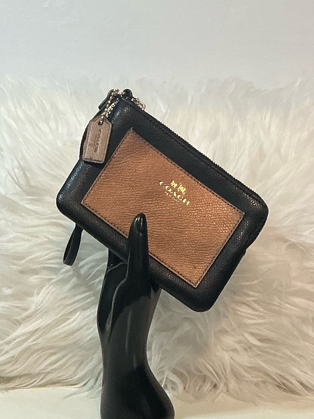Coach F53420 Black & Brown Metallic Crossgrain Leather Corner Zip Wristlet